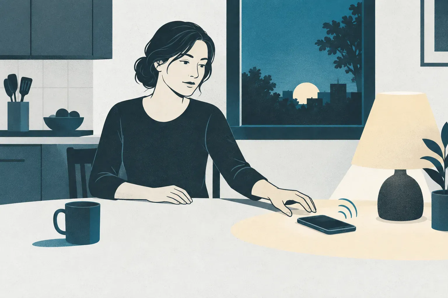 Illustration of a woman sitting alone at a kitchen table in the evening, a lamp lit beside her and dusk in the window, reaching for a phone that is ringing on the table
