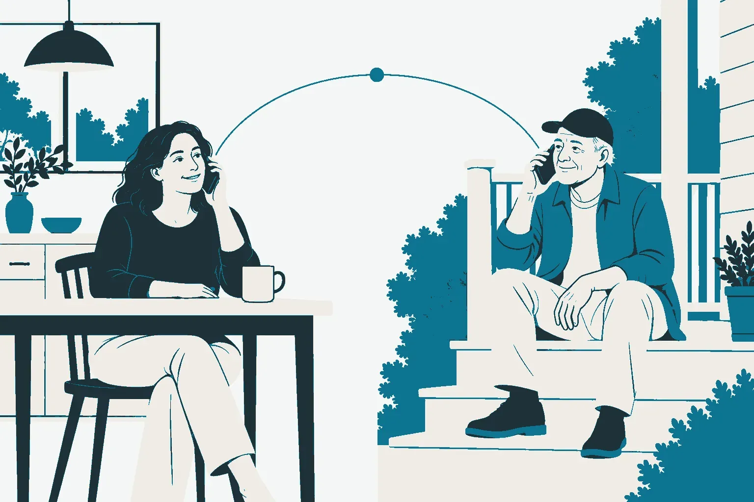 Illustration of two people in different homes at the same moment, a woman at her kitchen table and an older man on his porch steps, each with a phone to their ear, joined by a single curving line with a dot at its highest point
